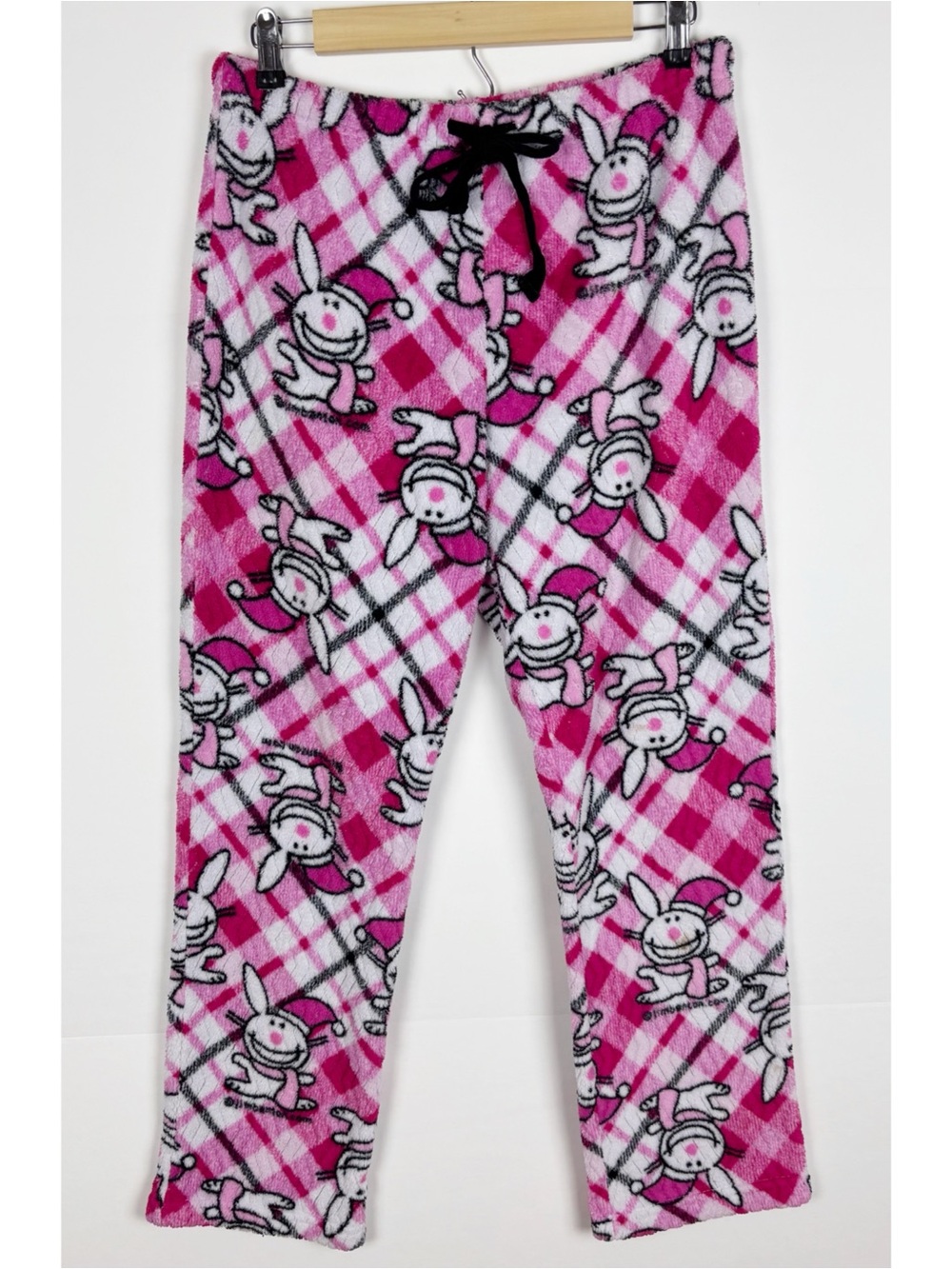 It’s Happy Bunny Jim Benton Fleece Pajama Pants Pink Plaid Festive Bunny Medium